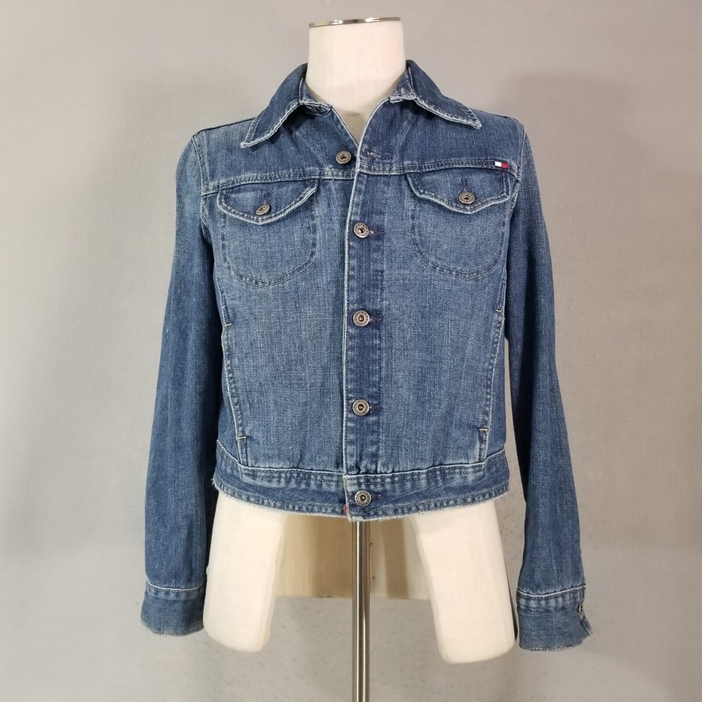 Tommy Hilfiger Denim Jacket Women Large Blue Button Up Cotton Trucker Classic